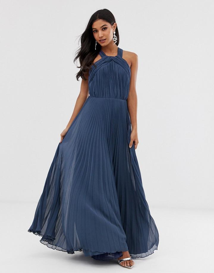 Asos Design Pleated Bodice Halter Maxi Dress - Navy