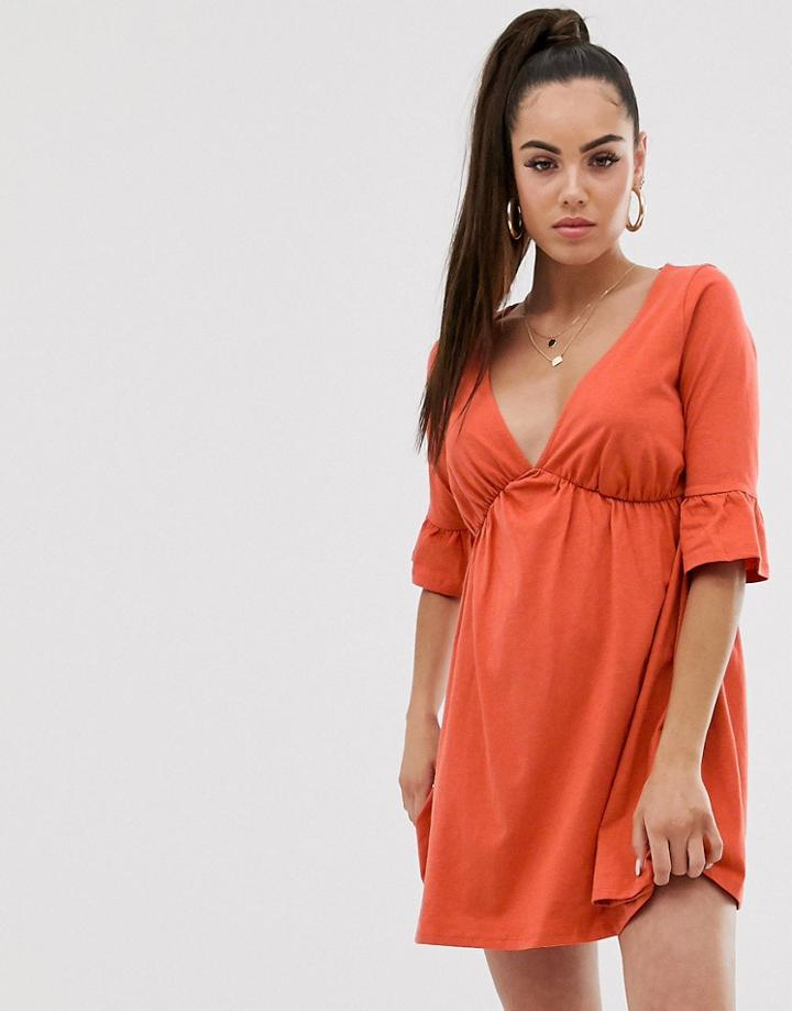 Asos Design V Neck Frill Sleeve Smock Dress - Orange