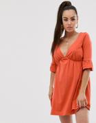 Asos Design V Neck Frill Sleeve Smock Dress - Orange