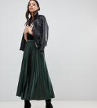 Asos Design Tall Satin Pleated Midi Skirt - Green