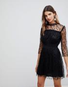 Wal G High Neck Dress With Ditsy Mesh Embroidery - Black