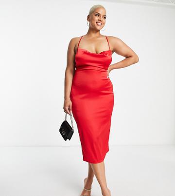 Naanaa Plus Satin Cowl Neck Midi Dress In Red