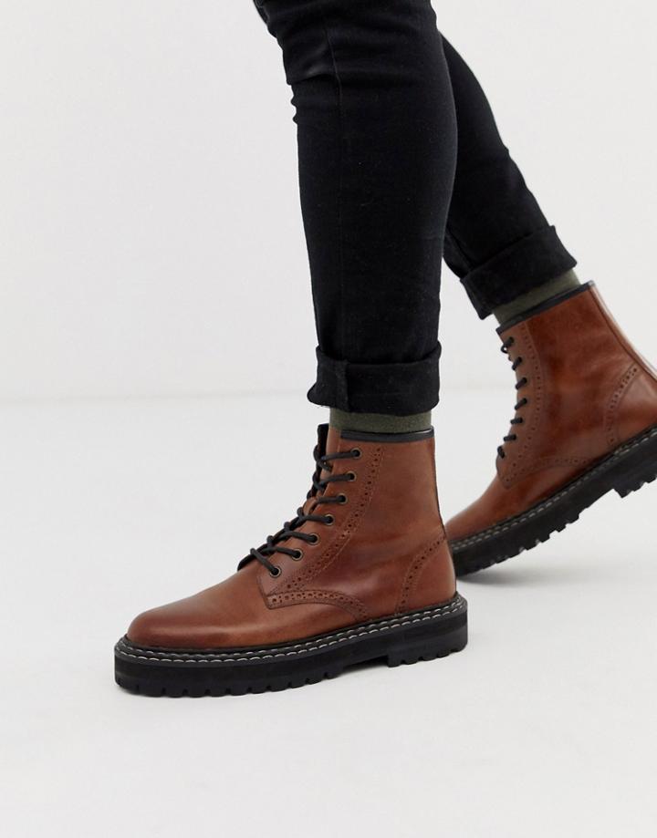 Asos Design Brogue Boots In Tan Leather With Chunky Cleated Sole - Tan