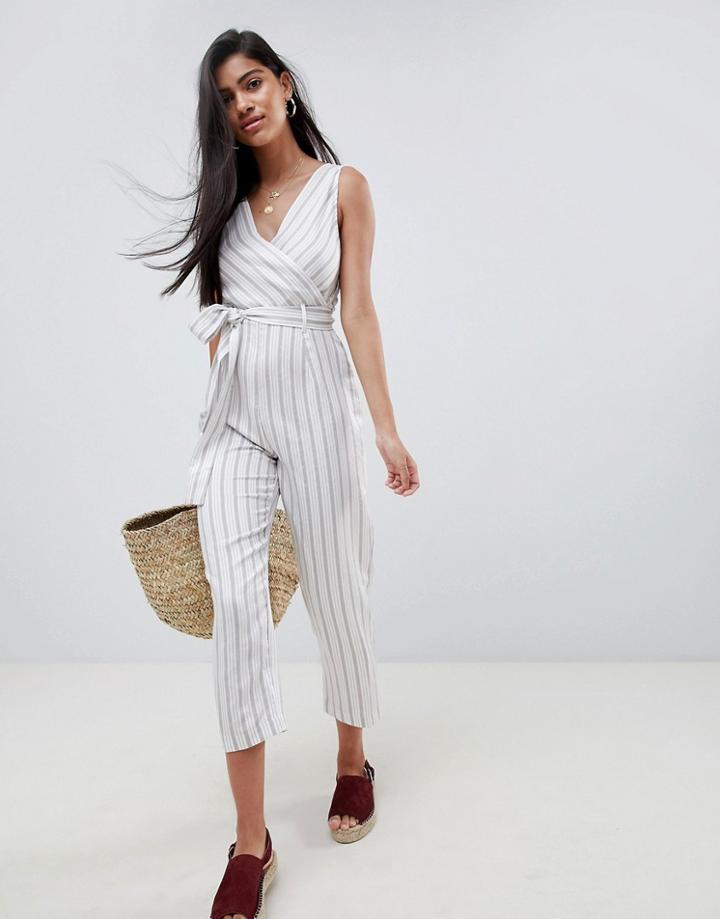 Asos Design Cami Jumpsuit With Tie Waist In Linen Stripe - Multi