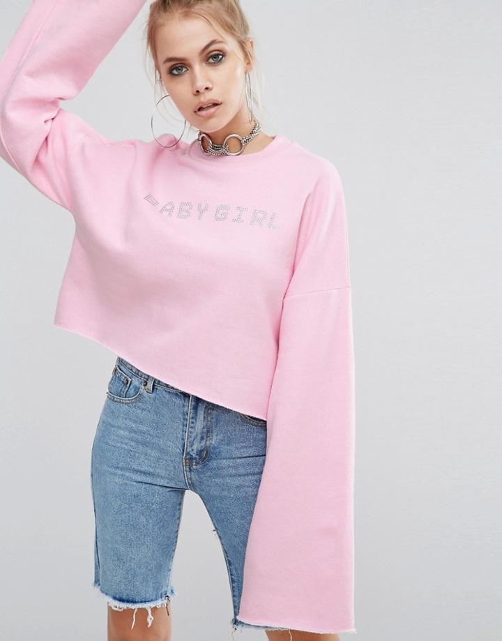 The Ragged Priest Cropped Sweat And Rhinestone Babygirl Slogan - Pink