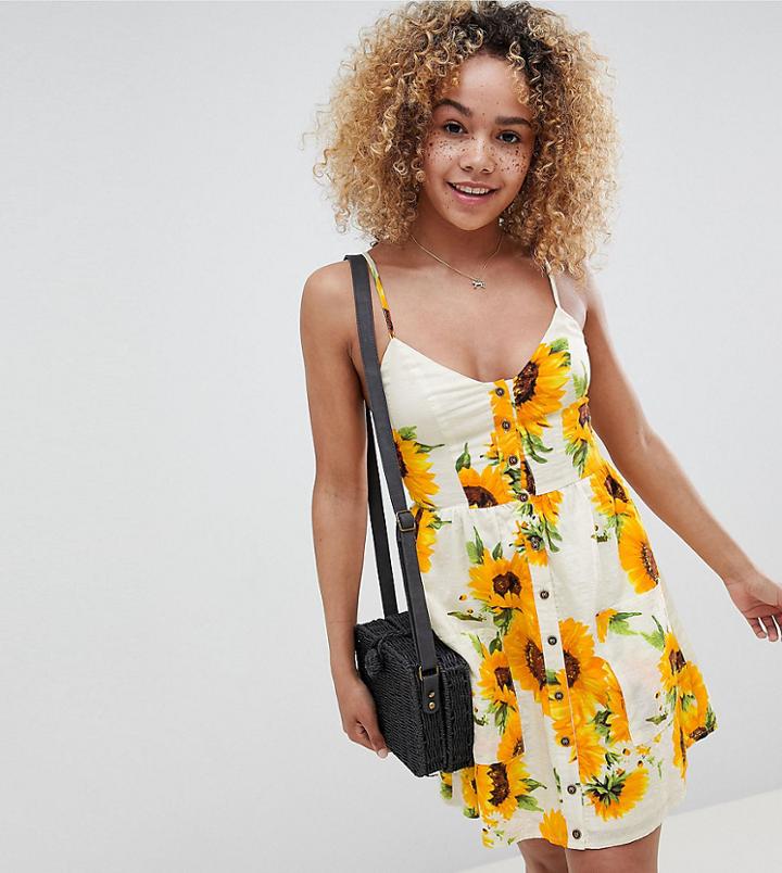 Sisters Of The Tribe Petite Mini Cami Skater Dress In Sunflower Print - Yellow