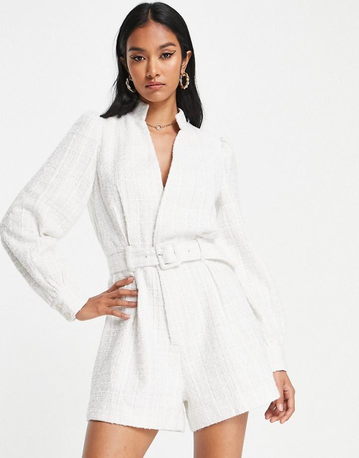 Aria Cove Tweed Zip Up Volume Sleeve Tailored Romper In Ivory-white