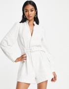 Aria Cove Tweed Zip Up Volume Sleeve Tailored Romper In Ivory-white