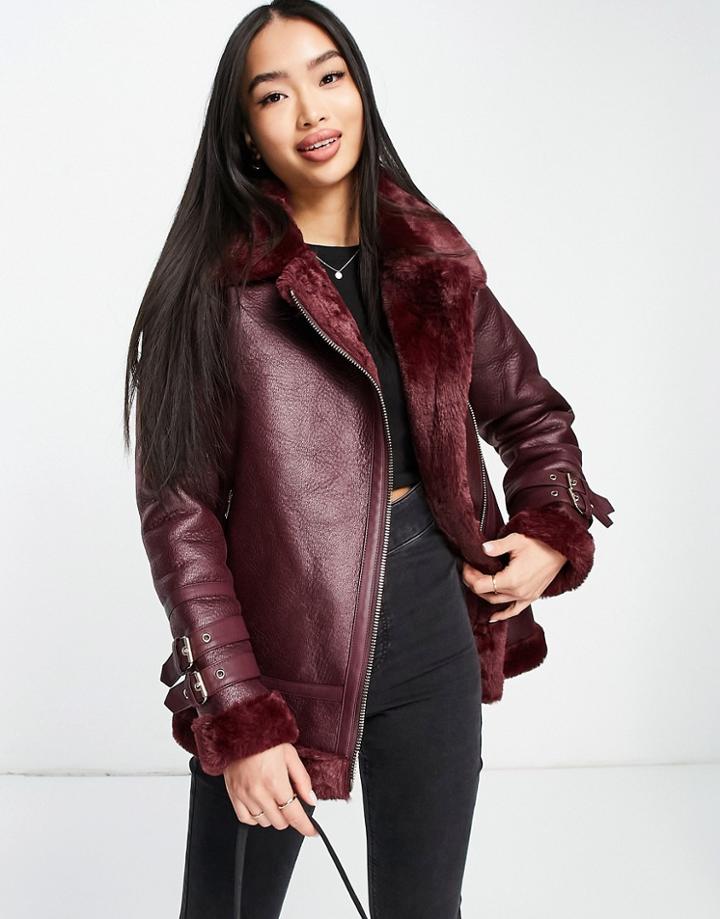 Miss Selfridge Longline Contrast Cuff Aviator Jacket In Burgundy-red