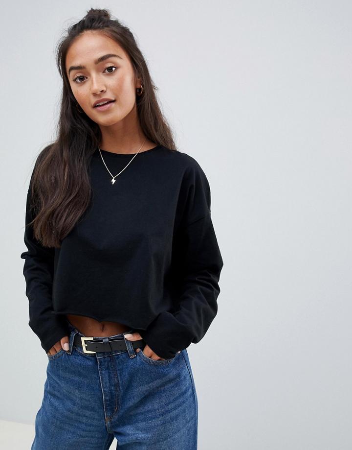 Asos Design Crop Boxy T-shirt With Long Sleeves In Black - Black