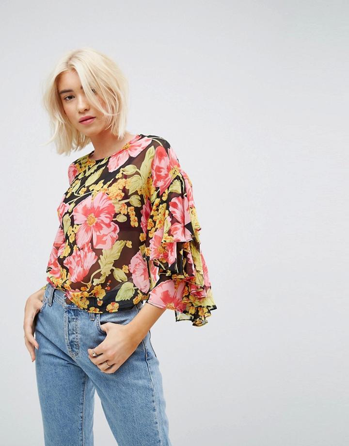Asos Top With Double Ruffle Sleeve In Floral - Multi