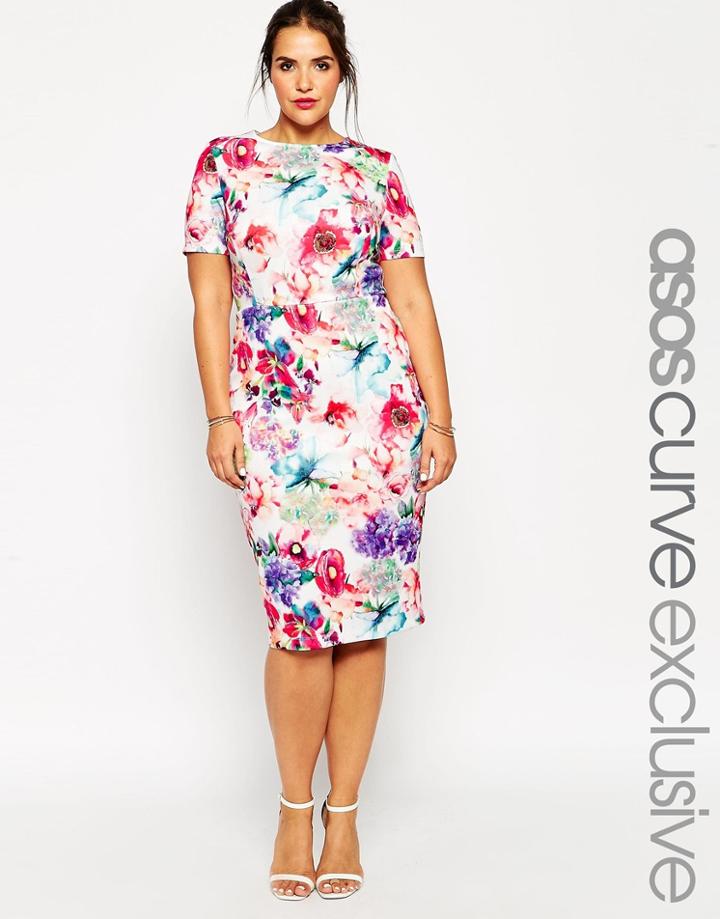Asos Curve Bright Floral Print Scuba Body-conscious Dress - Multi