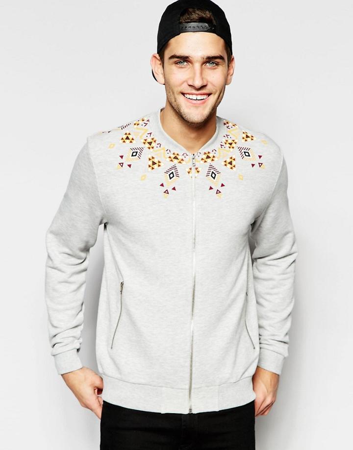 Asos Jersey Bomber Jacket With Geo-tribal Print - Gray Marl