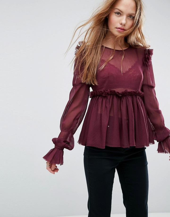 Asos Ruffle Smock Blouse In Chiffon - White