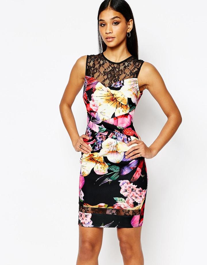 Lipsy Floral Pencil Dress With Lace Insert - Multi