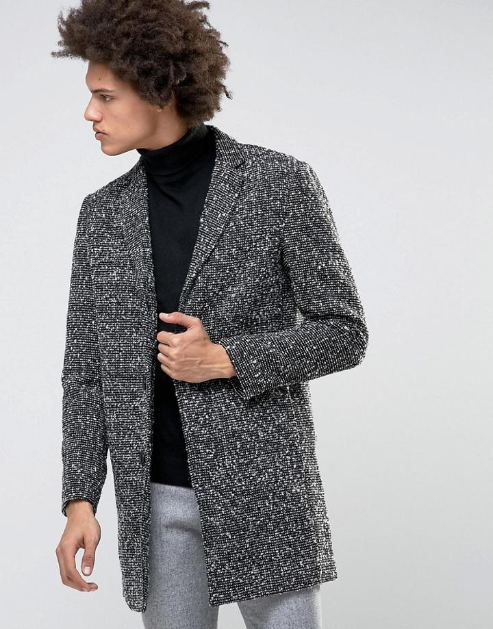 Selected Homme Wool Overcoat With Flecked Detail - Gray