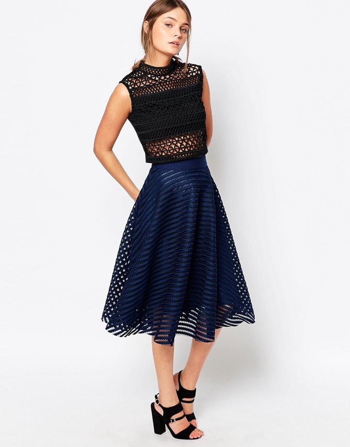 New Look Stripe Mesh Midi Skirt - Navy