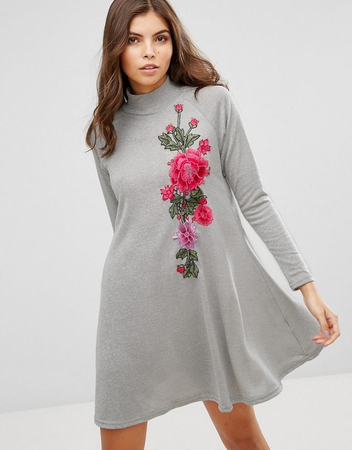 Ax Paris High Neck Knitted Swing Dress With Embroidery Detail - Silver