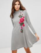 Ax Paris High Neck Knitted Swing Dress With Embroidery Detail - Silver