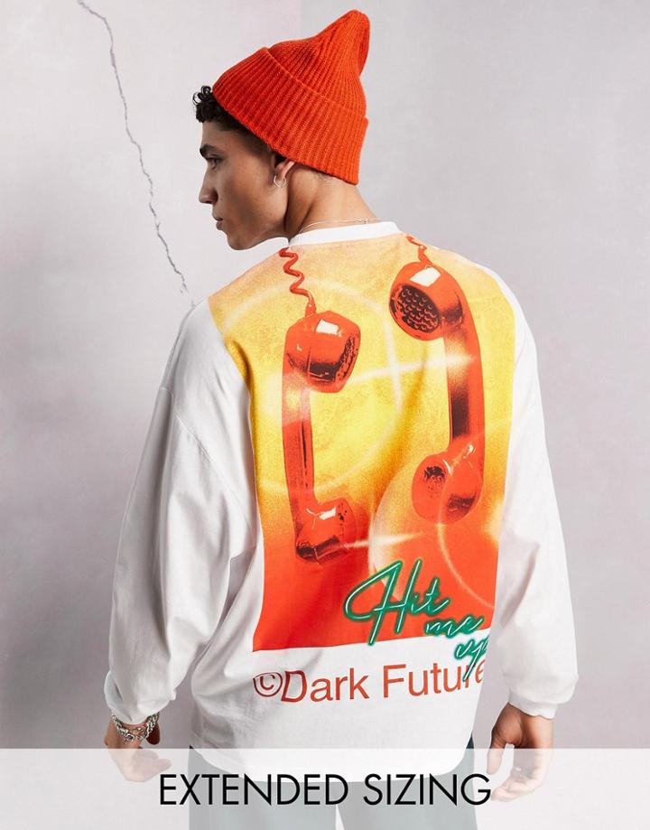 Asos Dark Future Oversized Long Sleeve T-shirt With Telephone Graphic Back Print And Logo In White