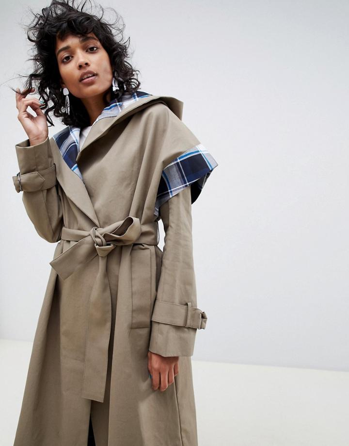 Asos White Trench Coat With Check Lining-green