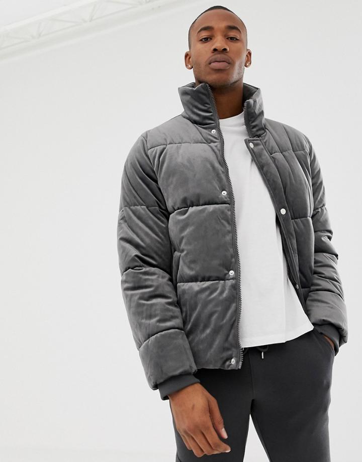 River Island Velvet Puffer Jacket In Gray - Gray