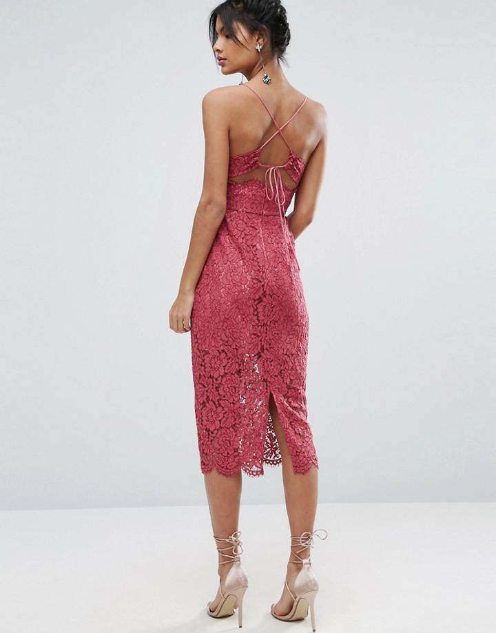 Asos Lace Cami Midi Dress With Strappy Back - Pink