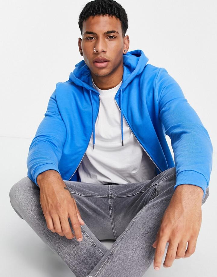 Asos Design Organic Lightweight Zip Up Hoodie In Blue-blues