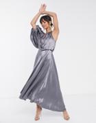 Asos Edition Blouson One Shoulder Dress In Satin - Gray