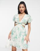Asos Design Soft Tiered Mini Dress With Tie Waist Detail In Green Floral-multi