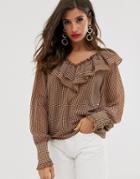 Vila Check Ruffle V Neck Top - Brown