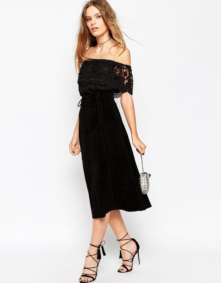 Asos Suede Midi Skirt With Heavy Stitching And Tie Front - Black