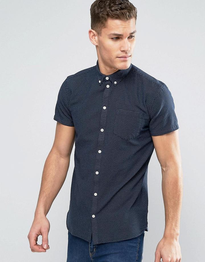 Minimum Bellino Short Sleeve Shirt Microdot Buttondown Slim Fit In Navy - Navy