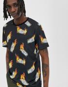 Criminal Damage Oversized T-shirt In Flame Money Print-black