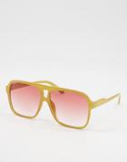 Asos Design Recycled Frame Aviator Sunglasses In Brown With Pink Lens