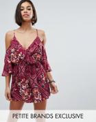 Sisters Of The Tribe Petite Printed Cold Shoulder Romper With Ruffle Detail - Multi