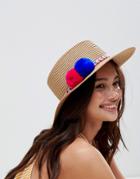 Liquorish Summer Straw Hat With Embroiderd Brait And Pom Pom Detail - Cream