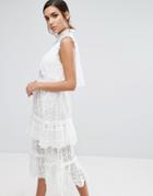 Three Floor Tiered Midi Lace Dress - White