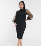 Asos Design Curve Organza Dot Ribbed High Neck Midi Dress In Black