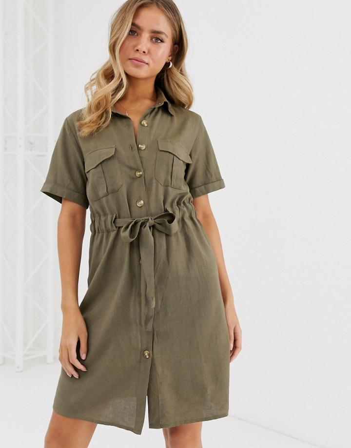 Qed London Button Through Shirt Dress With Tie Belt - Green