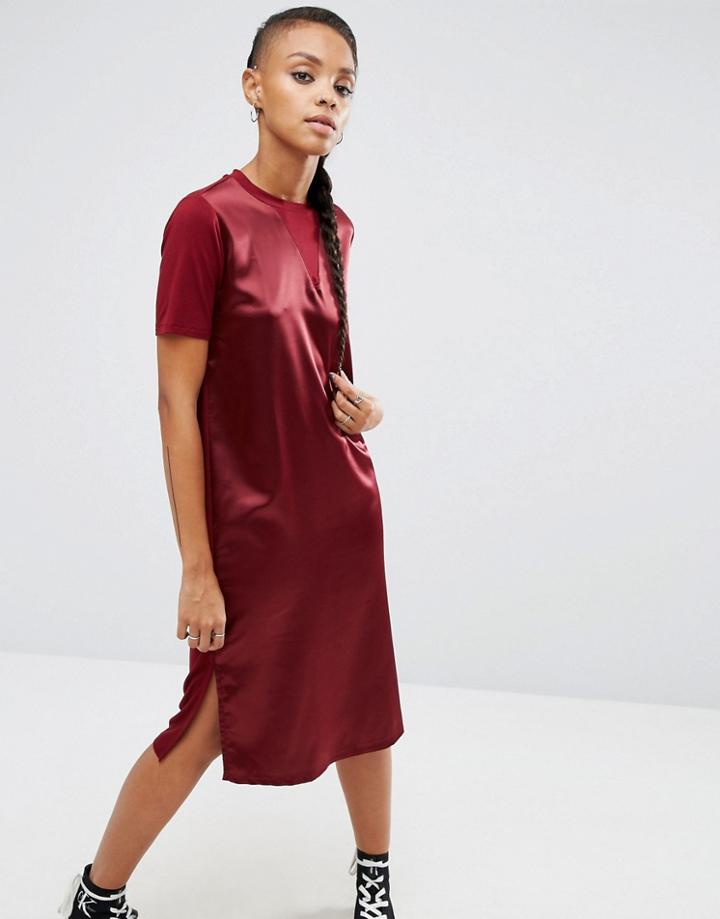 Asos Satin Front T-shirt Midi Dress - Red