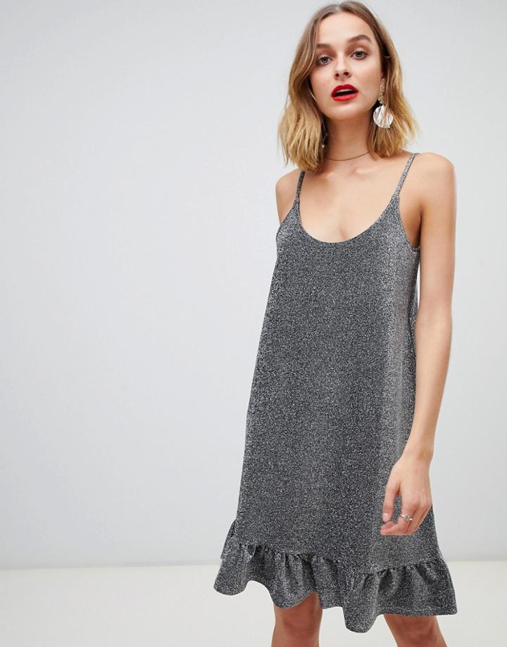 Pieces Ruffle Hem Glitter Cami Dress - Silver