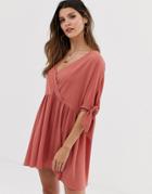 Asos Design Smock Wrap Mini Dress With Tie Sleeves - Pink