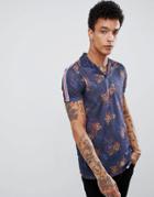 Asos Design Longline Polo In Linen Look With All Over Floral Print And Taping - Navy