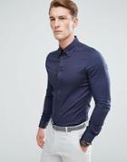 Asos Slim Twill Shirt With Collar Bar In Navy - Navy