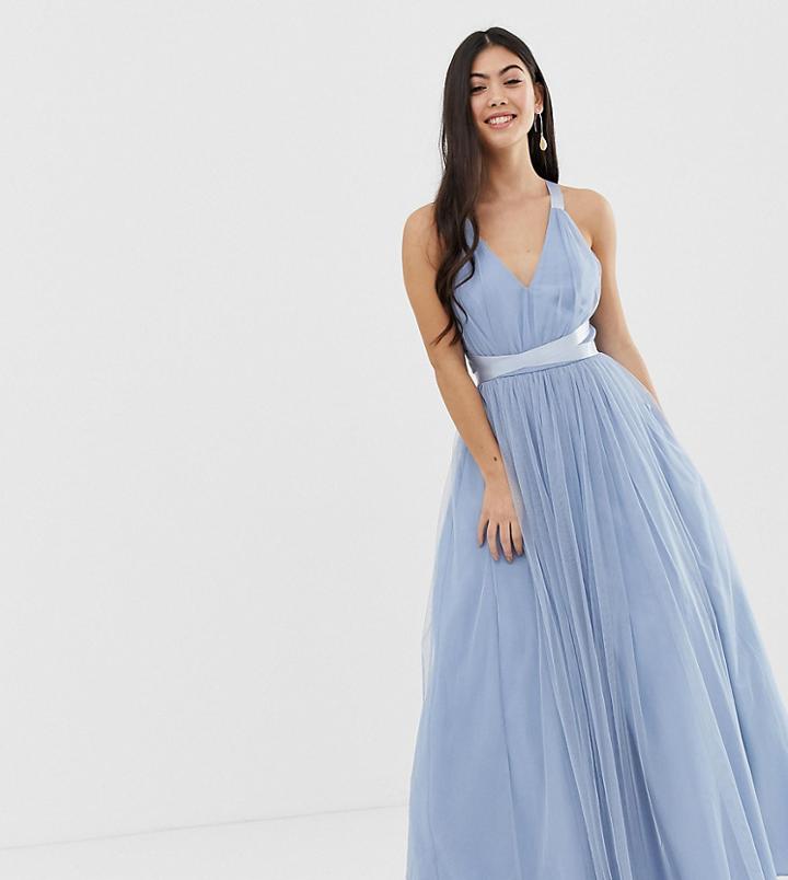 Asos Premium Petite Premium Tulle Maxi Prom Dress With Ribbon Ties-blue