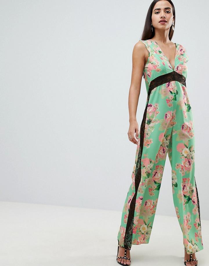 Asos Design Jumpsuit With Lace Detail In Soft Floral Print-multi