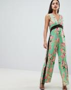 Asos Design Jumpsuit With Lace Detail In Soft Floral Print-multi