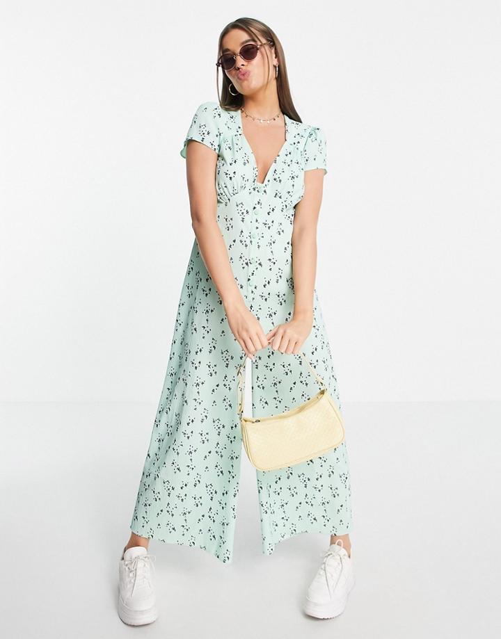 Asos Design Bubble Crepe Cap Sleeve Tea Button Front Jumpsuit In Sage Micro Floral-multi