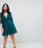 Asos Curve Dobby Knot Front Lace Trim Mini Skater Dress - Green